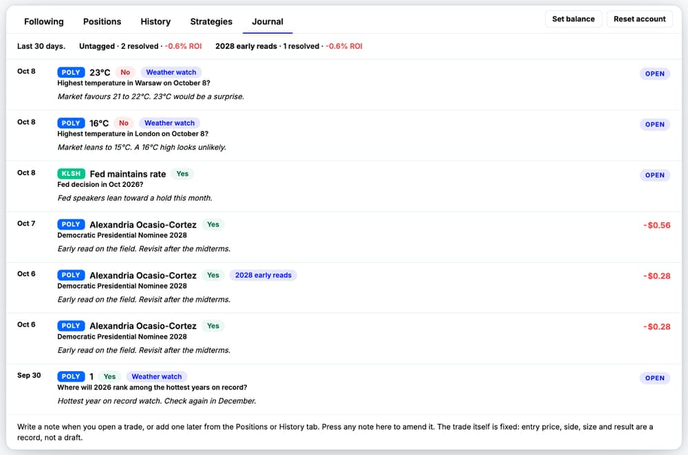 The Journal tab on the Chironus Dashboard, listing paper positions with the note written for each one.