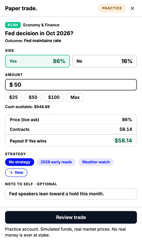 The Chironus paper trade ticket, with Yes and No prices, an amount, the live ask price, a strategy picker and a note field.
