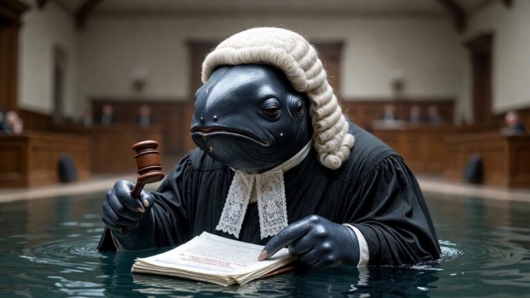 whale in horsehair wig and judge robe analyzing regulatory papers