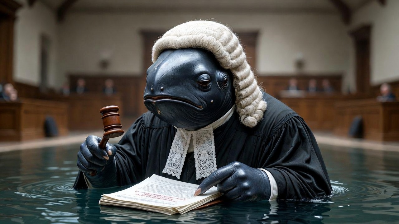 whale in horsehair wig and judge robe analyzing regulatory papers