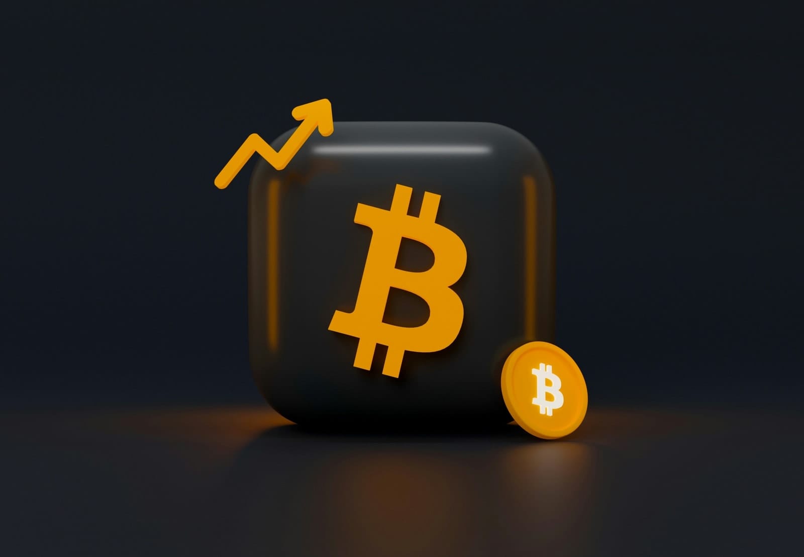 A gold Bitcoin symbol on a dark rounded cube beside a small gold coin and a rising arrow.